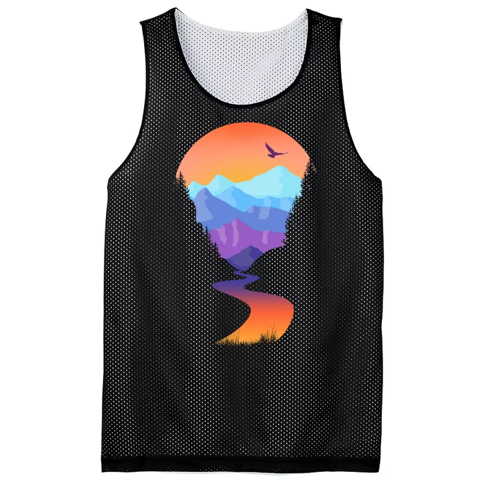 Vintage Sunset Mountain River Mesh Reversible Basketball Jersey Tank