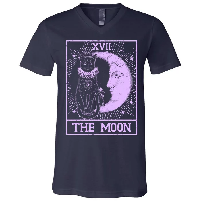 Vintage Tarot Card XVII The Moon Black Cat V-Neck T-Shirt