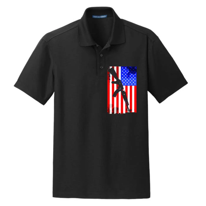 Vintage USA AK-47 Gun American Flag Dry Zone Grid Performance Polo