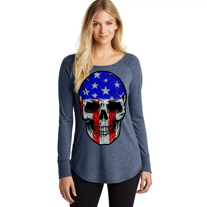 Vintage USA American Patriot Skull Women's Perfect Tri Tunic Long Sleeve Shirt