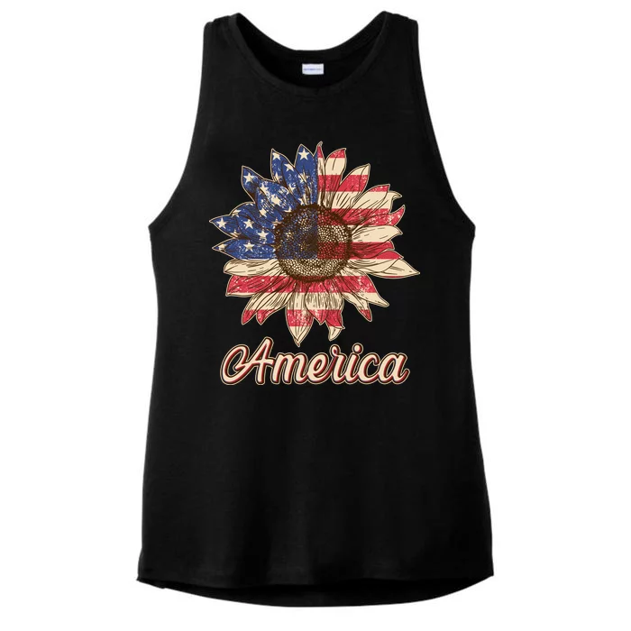 Vintage USA American Sunflower Ladies Tri-Blend Wicking Tank