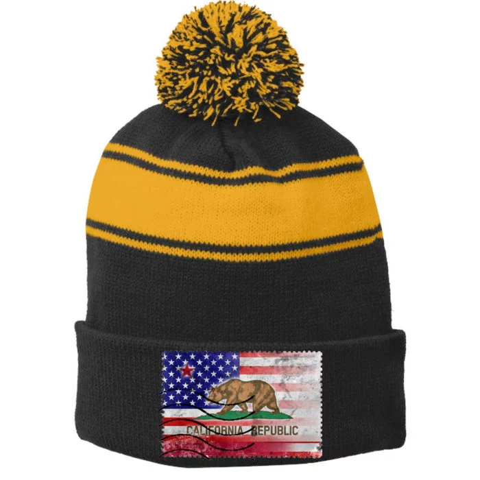 Vintage USA California Republic Flag Stripe Pom Pom Beanie