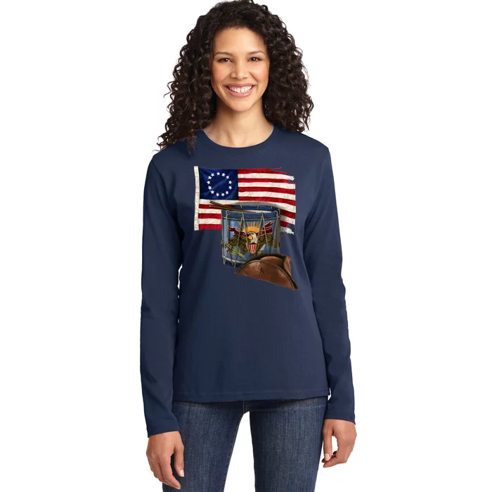 Vintage USA Flag Patriotic Drum Ladies Long Sleeve Shirt