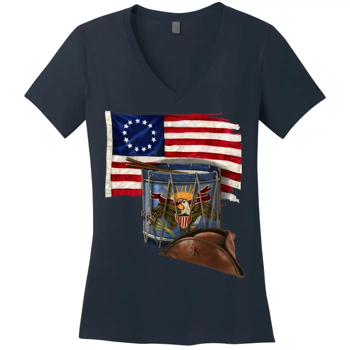 Vintage USA Flag Patriotic Drum Women's V-Neck T-Shirt