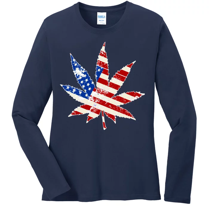 Vintage Weed American Flag 420 Ladies Long Sleeve Shirt