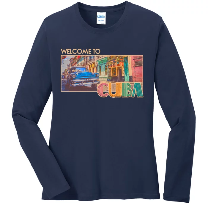 Vintage Welcome To Cuba Travel Poster Banner Ladies Long Sleeve Shirt