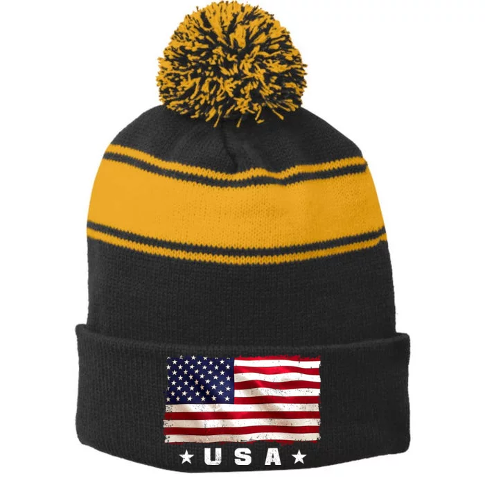 Vintage Worn USA Flag Stripe Pom Pom Beanie