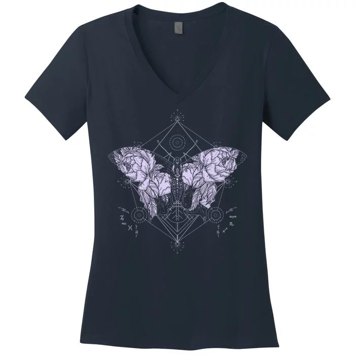 Vintage Zodiac Floral Moth Butterfly Women's V-Neck T-Shirt