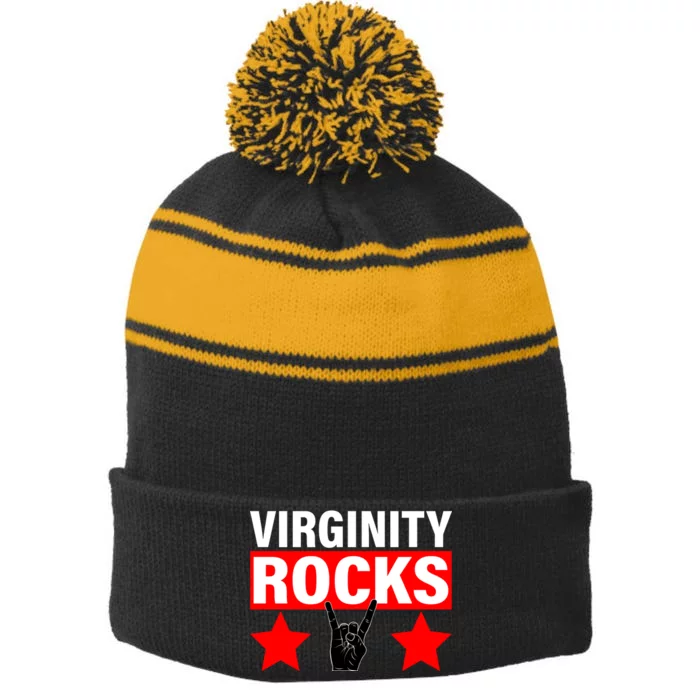 Virginity Rocks Hand Sign Stripe Pom Pom Beanie