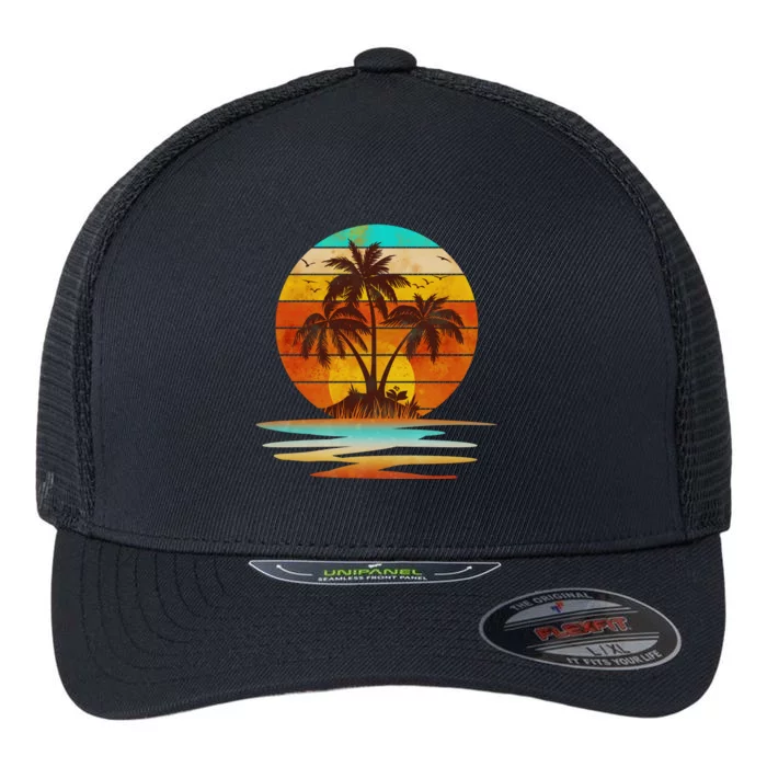 Vintage Island Sunset Emblem Flexfit Unipanel Trucker Cap