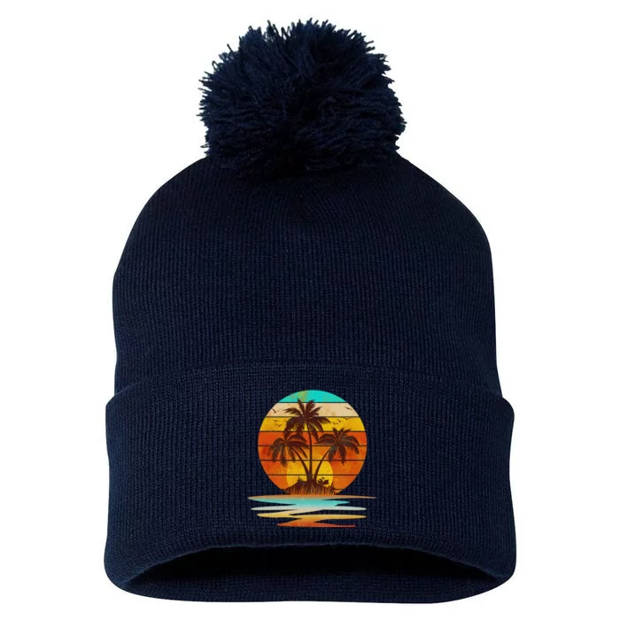 Vintage Island Sunset Emblem Pom Pom 12in Knit Beanie