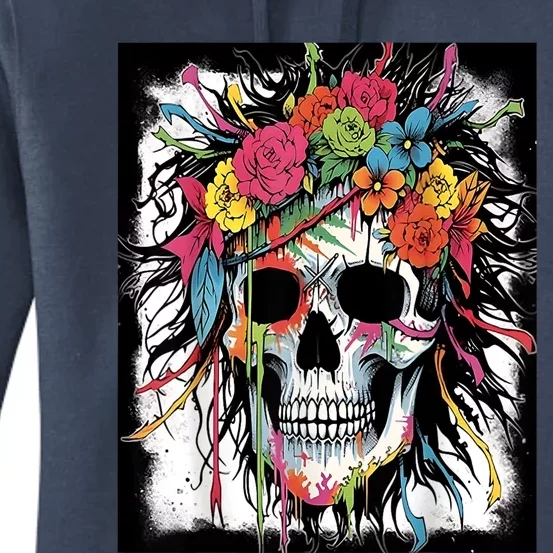 Vibrant Intrigue: Skull And Vibrant Floral Collage Design Women's Pullover Hoodie