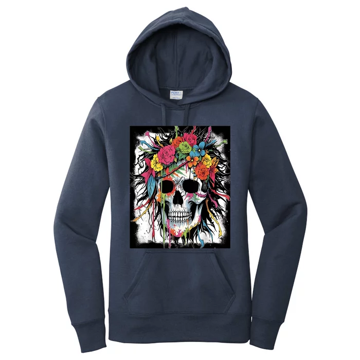 Vibrant Intrigue: Skull And Vibrant Floral Collage Design Women's Pullover Hoodie