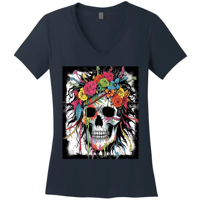 Vibrant Intrigue: Skull And Vibrant Floral Collage Design Women's V-Neck T-Shirt