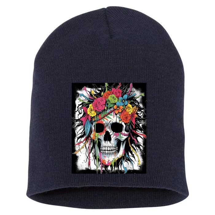 Vibrant Intrigue: Skull And Vibrant Floral Collage Design Short Acrylic Beanie