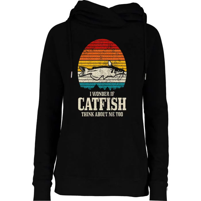 Vintage I Wonder If Catfish Think About Me Funny Catfishing Womens Funnel Neck Pullover Hood