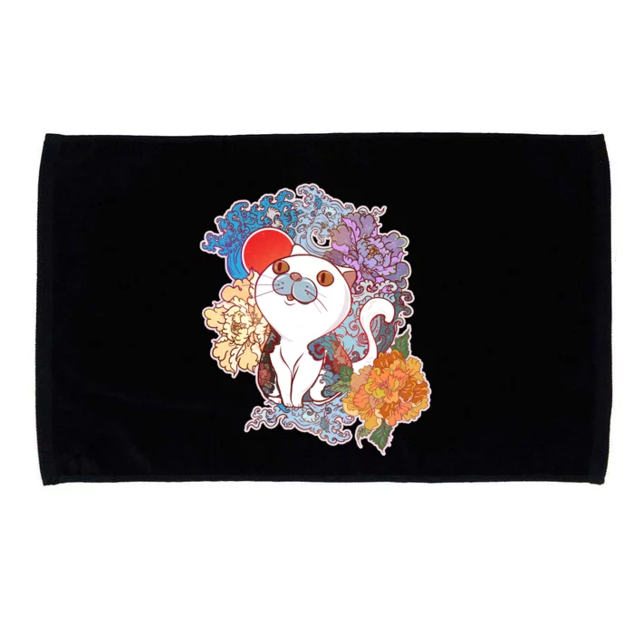 Vintage Japanese Flowers Tattoo Cat Microfiber Hand Towel