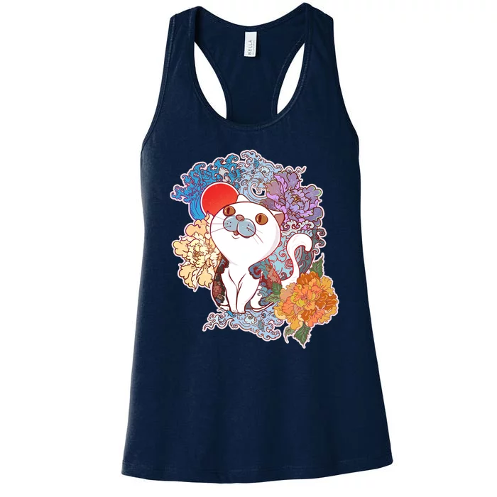 Vintage Japanese Flowers Tattoo Cat Women's Racerback Tank