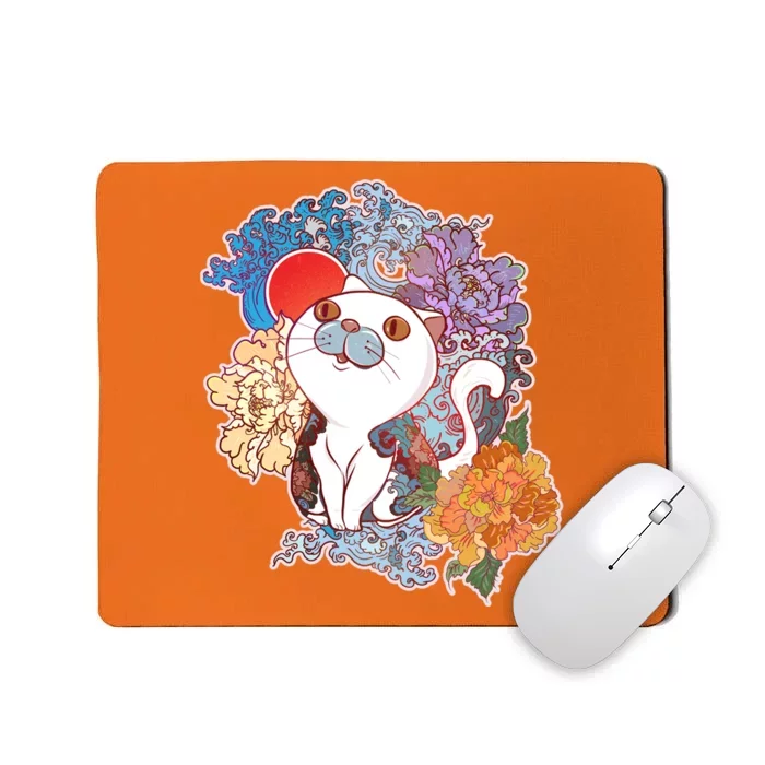 Vintage Japanese Flowers Tattoo Cat Mousepad