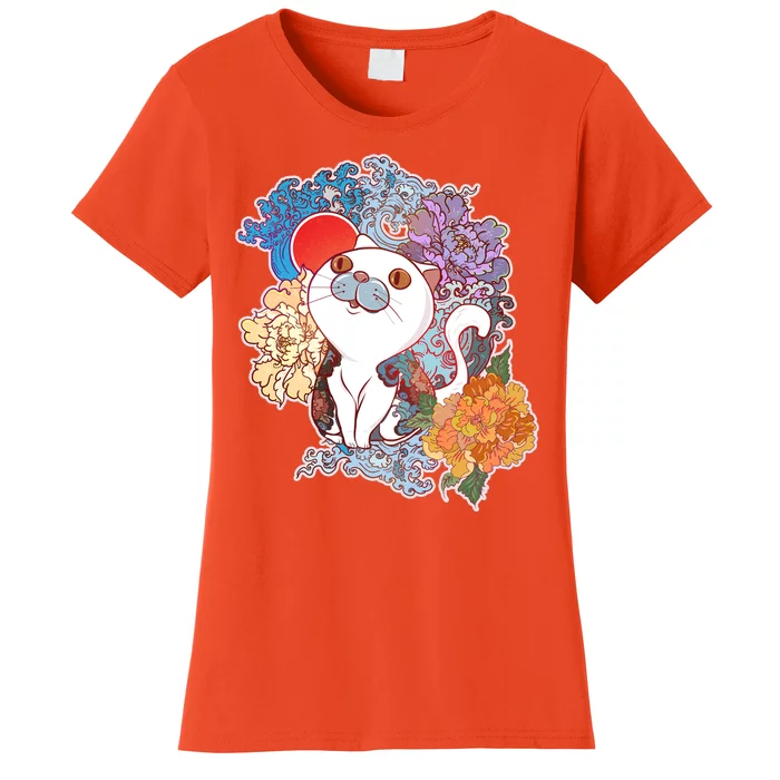 Vintage Japanese Flowers Tattoo Cat Women's T-Shirt