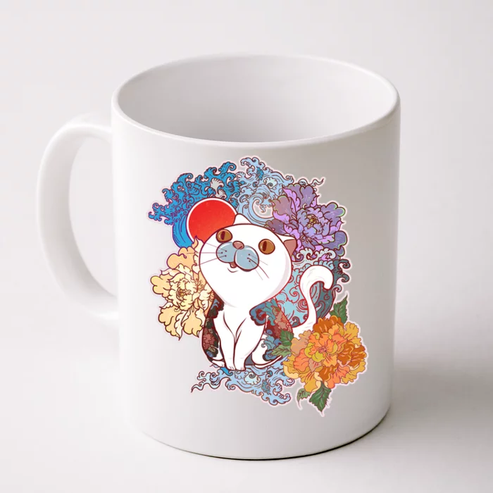 Vintage Japanese Flowers Tattoo Cat Front & Back Coffee Mug