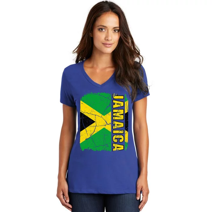 Vintage Jamaican Flag Jamaica Pride Roots Heritage Gift Women's V-Neck T-Shirt