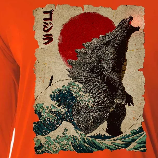 Vintage Japanese Godzilla Great Wave Poster Cooling Performance Long Sleeve Crew