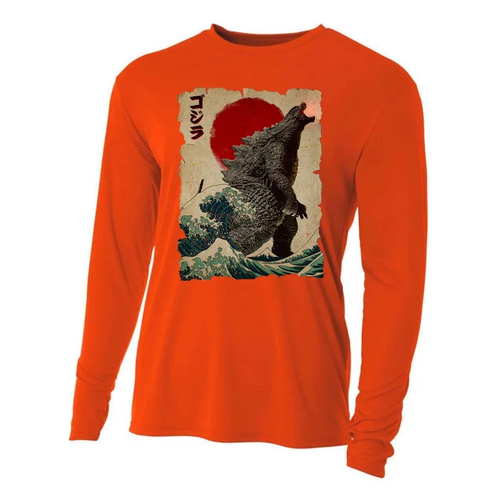 Vintage Japanese Godzilla Great Wave Poster Cooling Performance Long Sleeve Crew