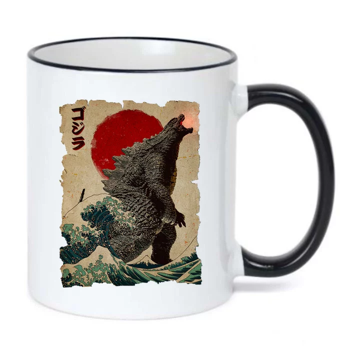 Vintage Japanese Godzilla Great Wave Poster Black Color Changing Mug