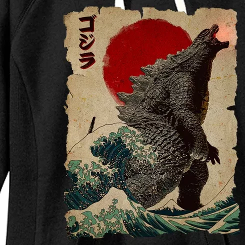 Vintage Japanese Godzilla Great Wave Poster Women's Fleece Hoodie