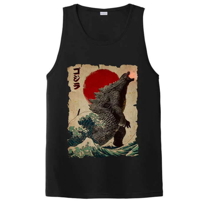 Vintage Japanese Godzilla Great Wave Poster Performance Tank