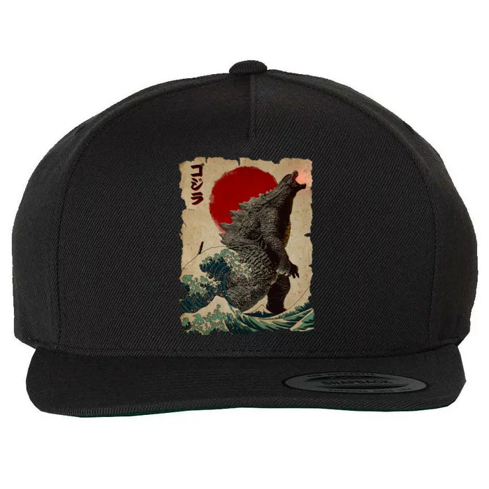 Vintage Japanese Godzilla Great Wave Poster Wool Snapback Cap