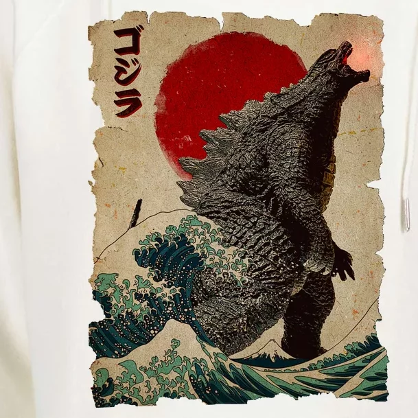 Vintage Japanese Godzilla Great Wave Poster Womens Funnel Neck Pullover Hood