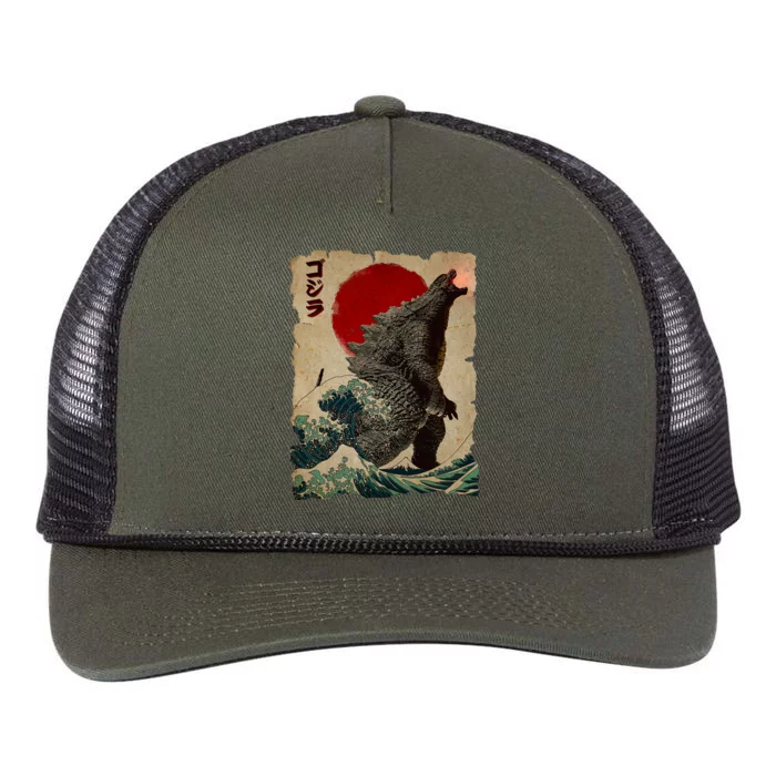 Vintage Japanese Godzilla Great Wave Poster Retro Rope Trucker Hat Cap