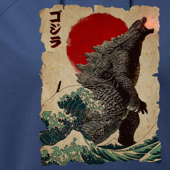 Vintage Japanese Godzilla Great Wave Poster Performance Fleece Hoodie