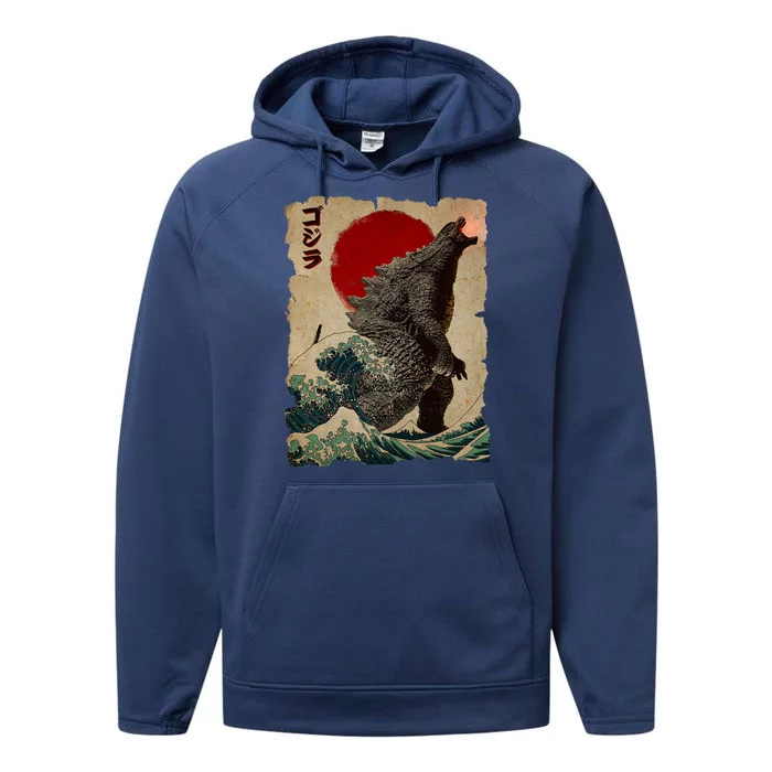 Vintage Japanese Godzilla Great Wave Poster Performance Fleece Hoodie