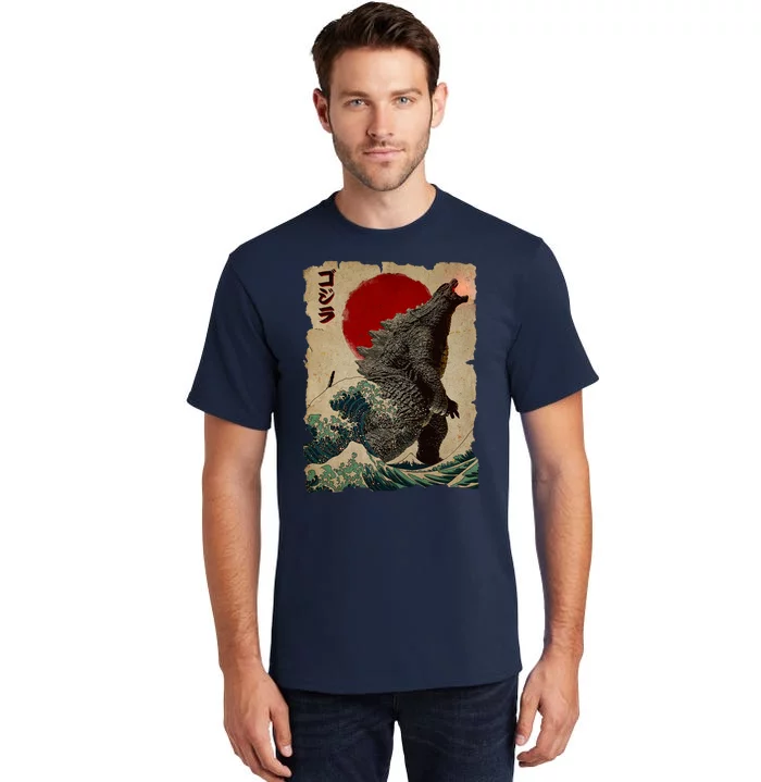 Vintage Japanese Godzilla Great Wave Poster Tall T-Shirt