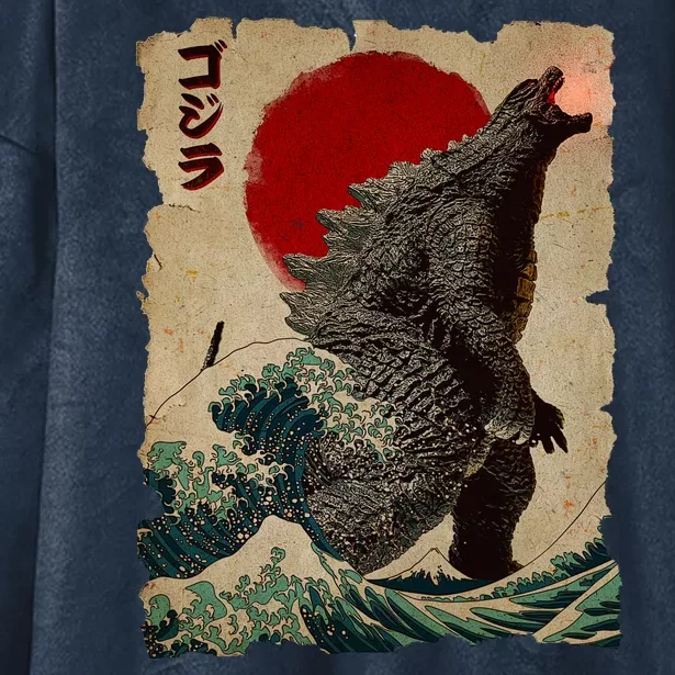 Vintage Japanese Godzilla Great Wave Poster Hooded Wearable Blanket