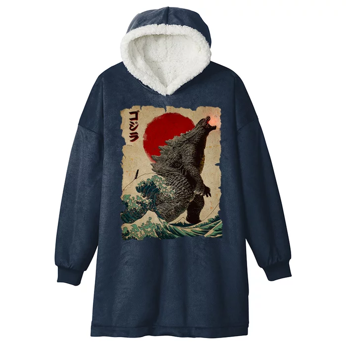 Vintage Japanese Godzilla Great Wave Poster Hooded Wearable Blanket