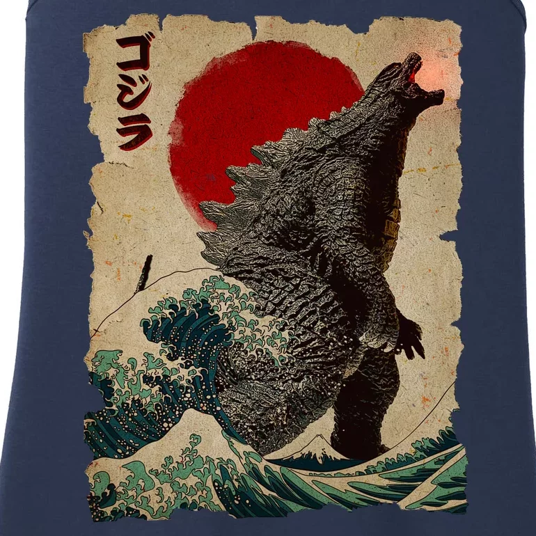 Vintage Japanese Godzilla Great Wave Poster Ladies Essential Tank