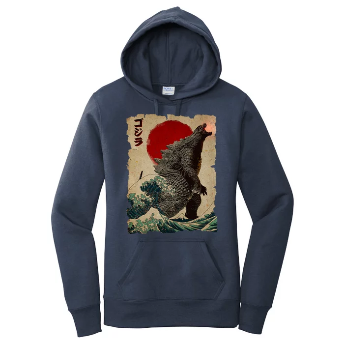 Vintage Japanese Godzilla Great Wave Poster Women's Pullover Hoodie