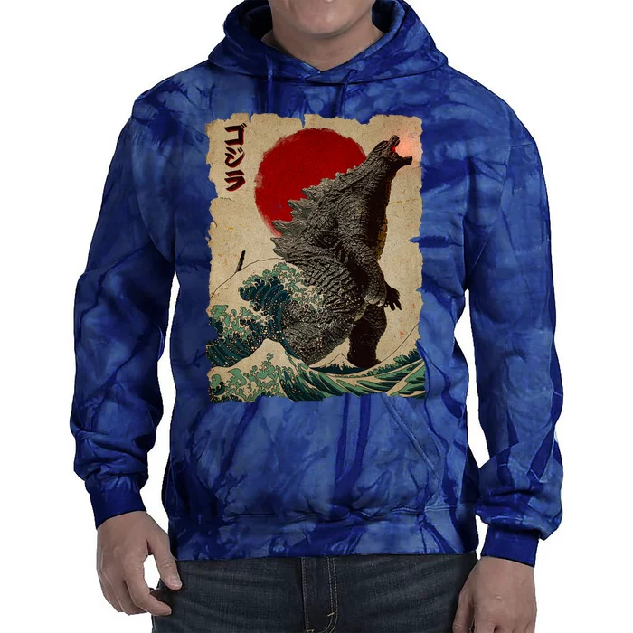 Vintage Japanese Godzilla Great Wave Poster Tie Dye Hoodie