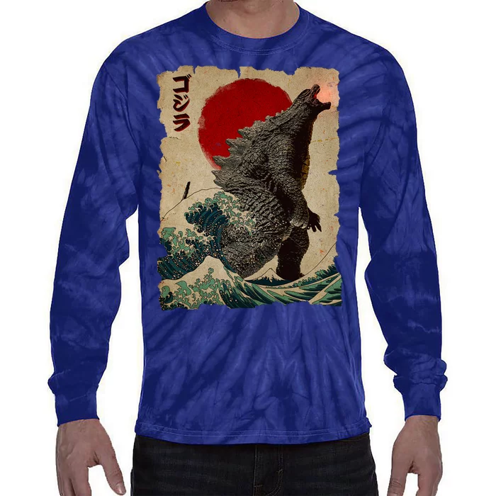 Vintage Japanese Godzilla Great Wave Poster Tie-Dye Long Sleeve Shirt