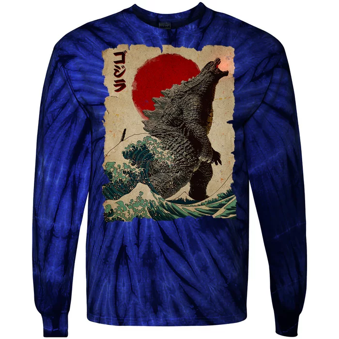 Vintage Japanese Godzilla Great Wave Poster Tie-Dye Long Sleeve Shirt