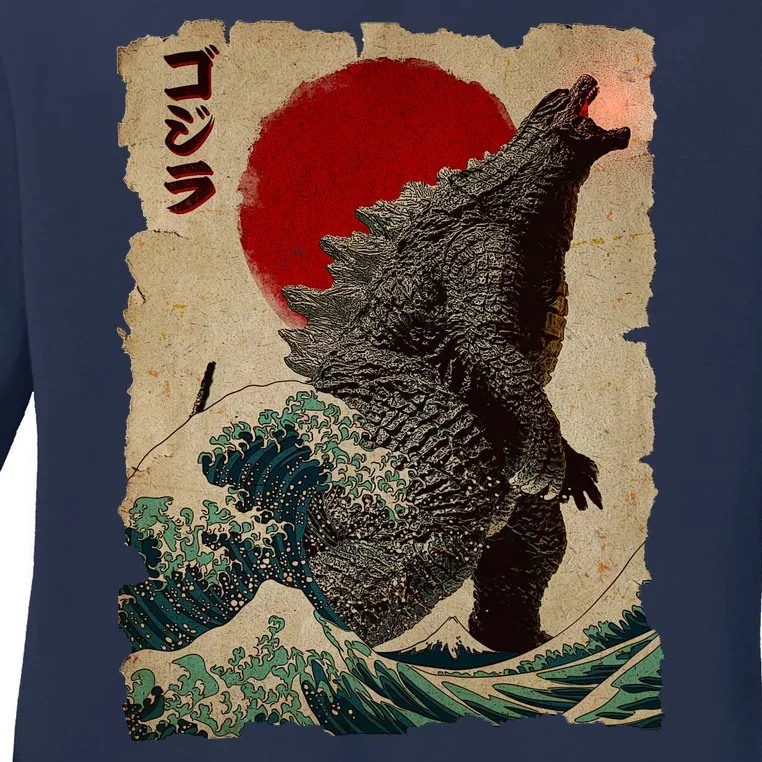 Vintage Japanese Godzilla Great Wave Poster Ladies Long Sleeve Shirt