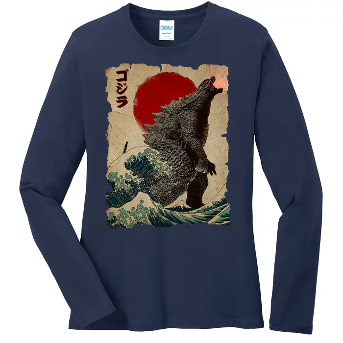 Vintage Japanese Godzilla Great Wave Poster Ladies Long Sleeve Shirt