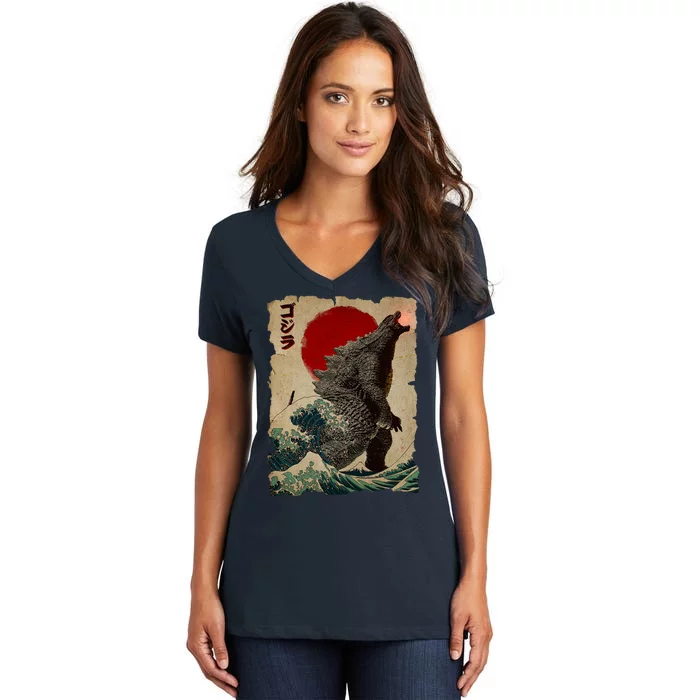 Vintage Japanese Godzilla Great Wave Poster Women's V-Neck T-Shirt