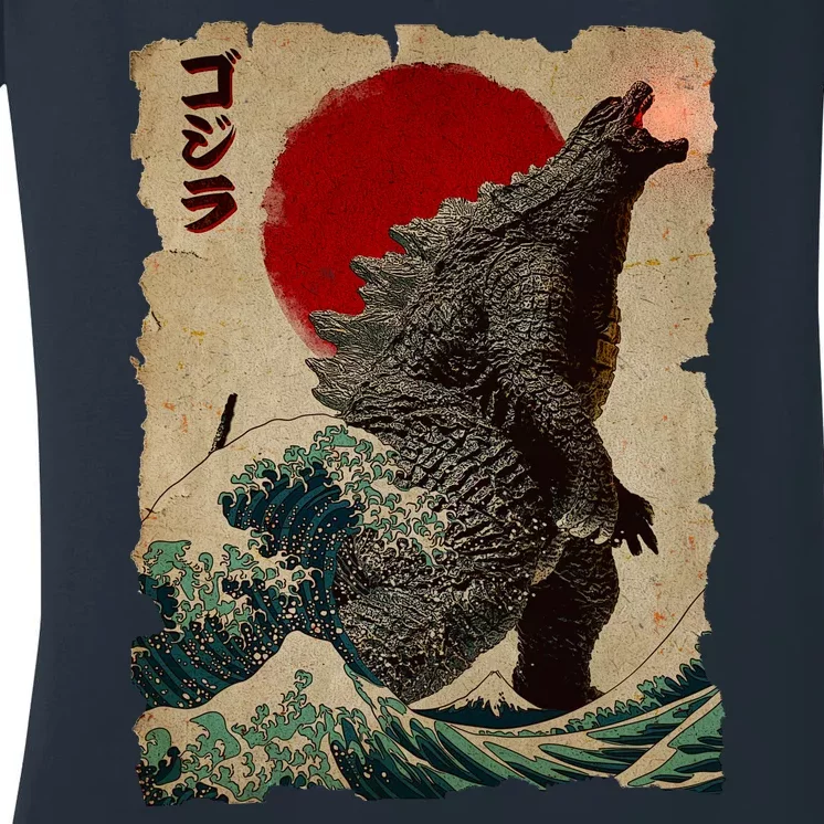 Vintage Japanese Godzilla Great Wave Poster Women's V-Neck T-Shirt