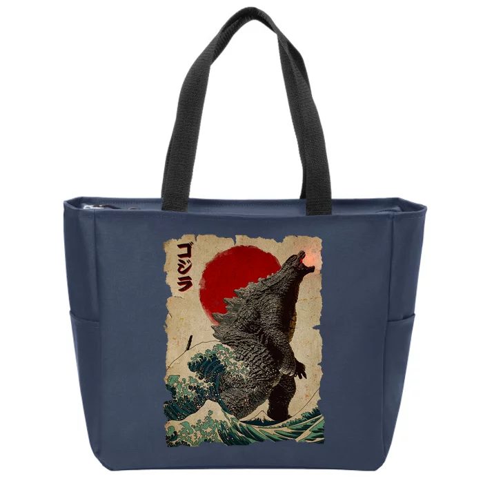 Vintage Japanese Godzilla Great Wave Poster Zip Tote Bag