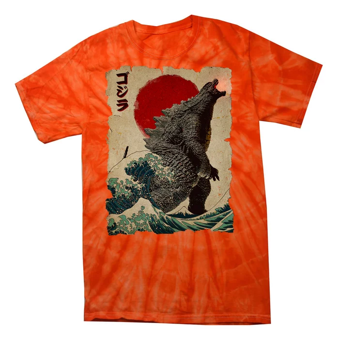 Vintage Japanese Godzilla Great Wave Poster Tie-Dye T-Shirt